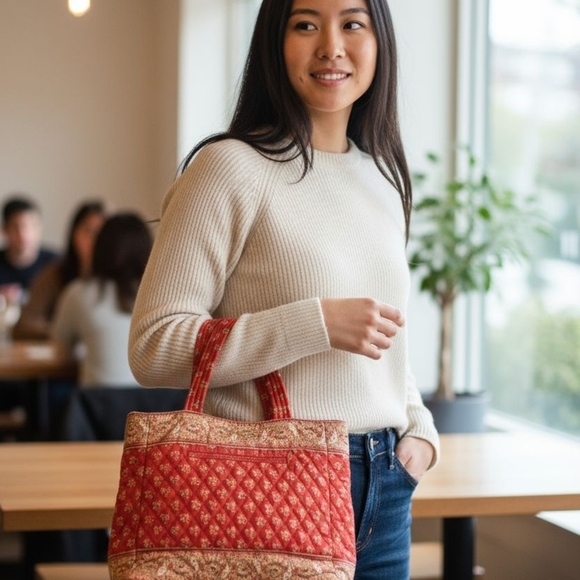 Maggi B Handbags - Maggi B Quilted Tote Bag Boho Floral Paisley Red Gold Shoulder Bag Pattern 💵